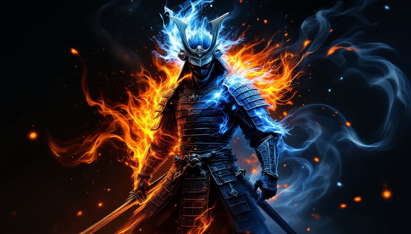 AI generated: Clad in intricately detailed armor, a fierce samurai stands poised for battle, exuding an aura of po...