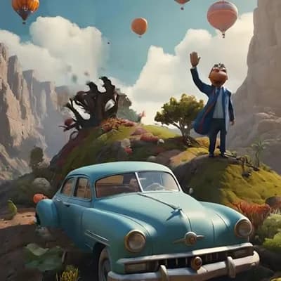 AI generated video: los globos suben y la nave va hacia arriba, el coche corre hacia adelante , el hombre saluda 