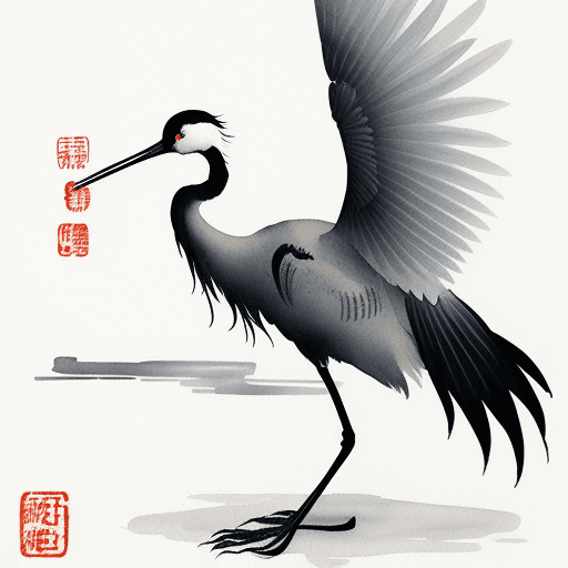 AI generated: crane bird, ink painting, japanese, china, color, ink, water color