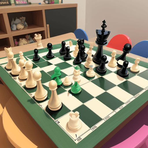 AI generated: A realistic chessboard set in a colorful, playful environment designed for children. The chess piece...
