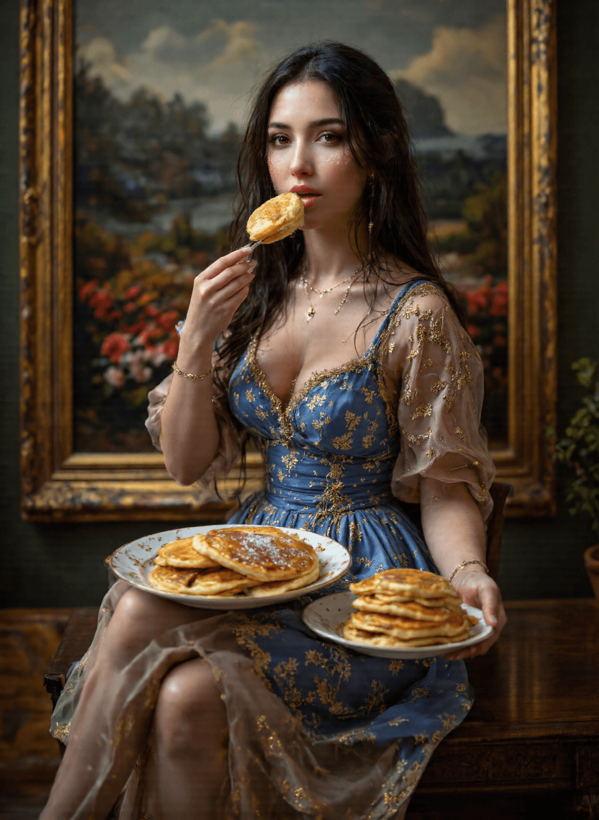 AI generated: The image depicts a surreal and humorous composition where the more beautiful Mona Lisa is humorousl...