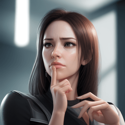 AI generated: photo realistic, modern woman striking a pose looking up index finger to her chin, thinking "I forgo...