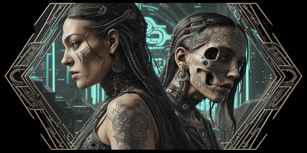 AI generated: tarot card with intricate detailed frame around the outside, side portrait of cyberpunk head with lo...