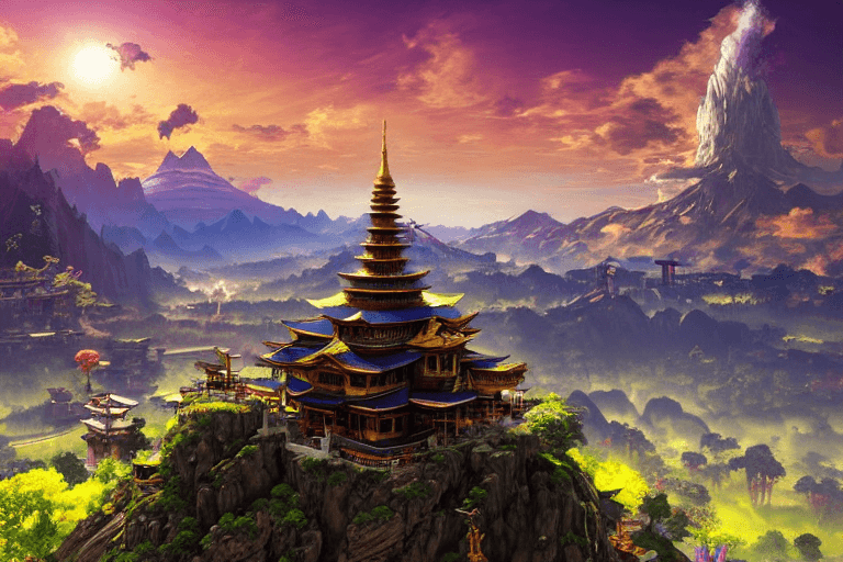AI generated: An ornate buddhist temple rising up out of the mountains, purple light, Beautiful landscape, Lush Fo...