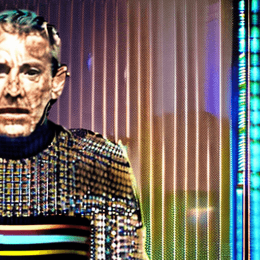 AI generated: A cinematic shot of a live show with a celebrity hologram. The host is a clean-shaven, older white m...