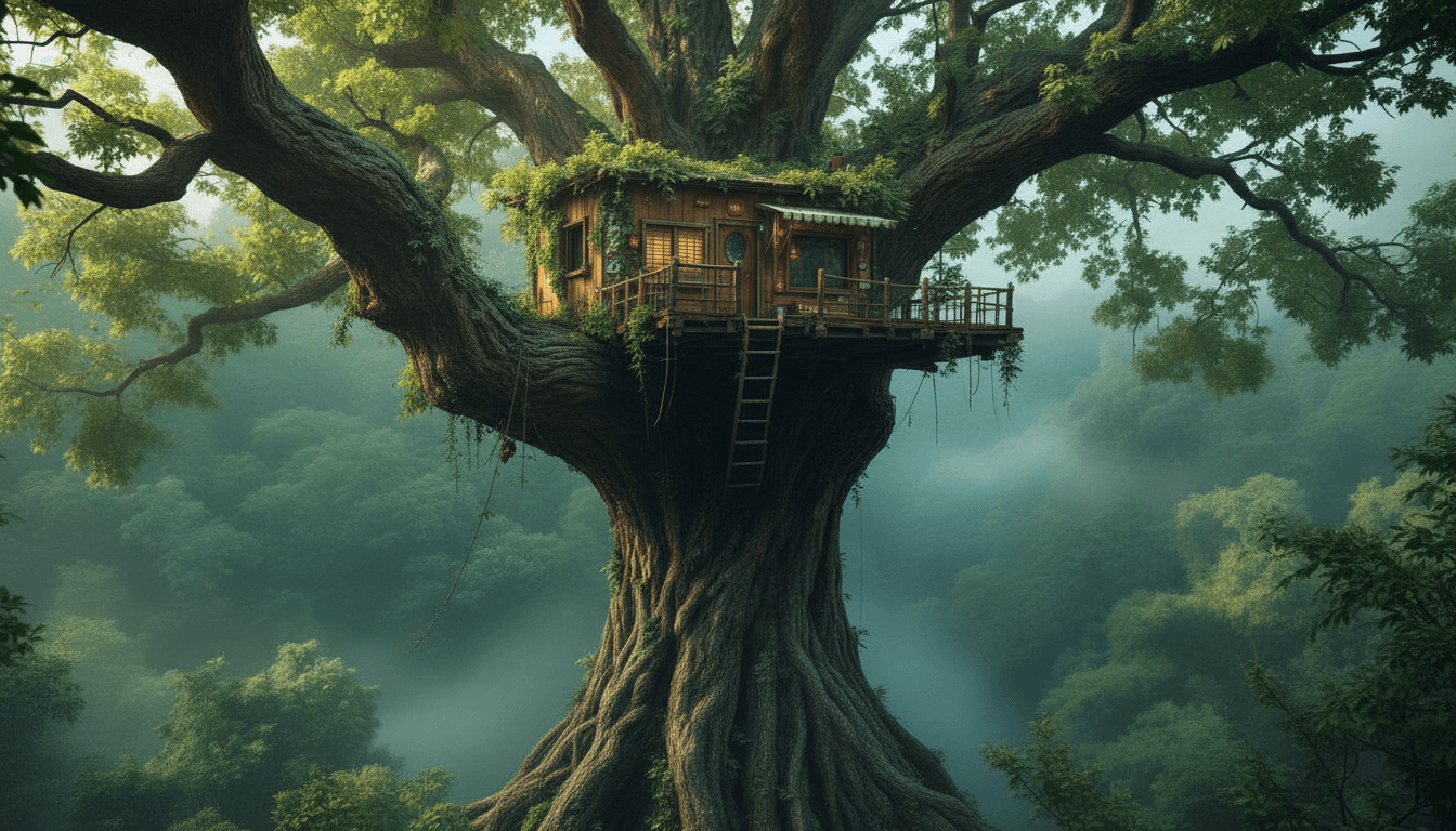 AI generated: An up close upshot from ground level lookin up at the treehouse on the tree from the image provided,...