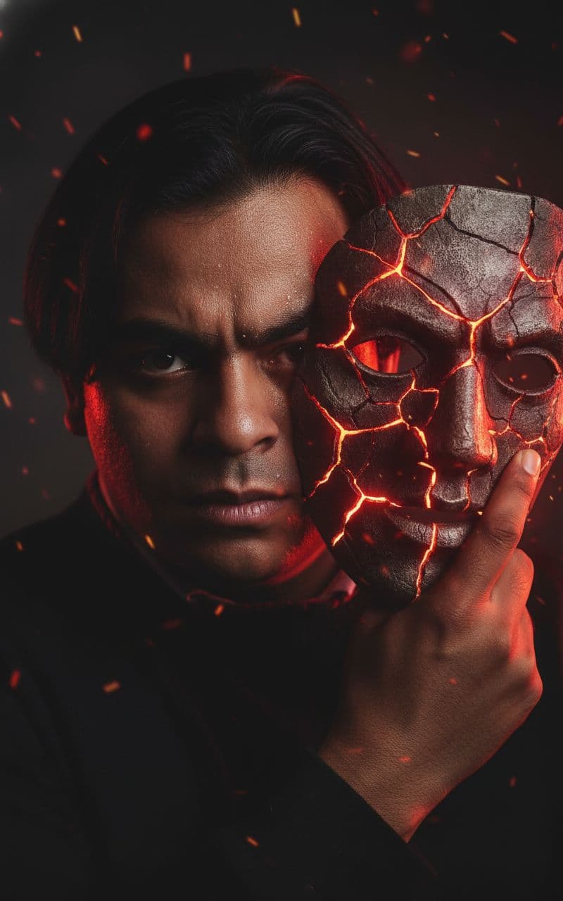 AI generated:  Me with a Musk
A dramatic close-up portrait of a man holding a cracked stone mask beside his face....