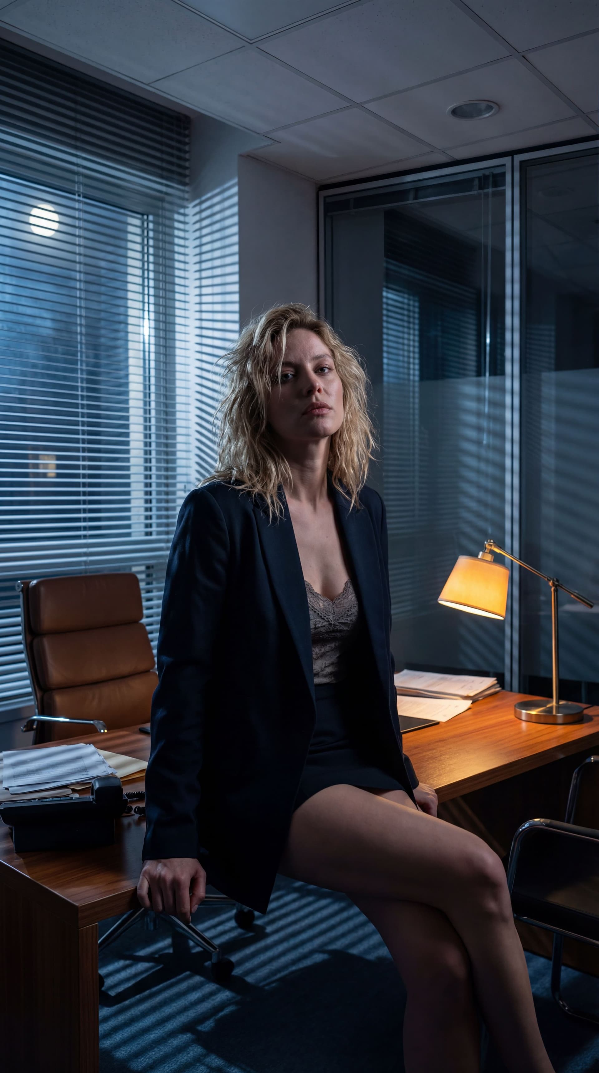 AI generated: A raw, seductive moment of a busty woman perched on the edge of a sleek office desk, blouse unbutton...