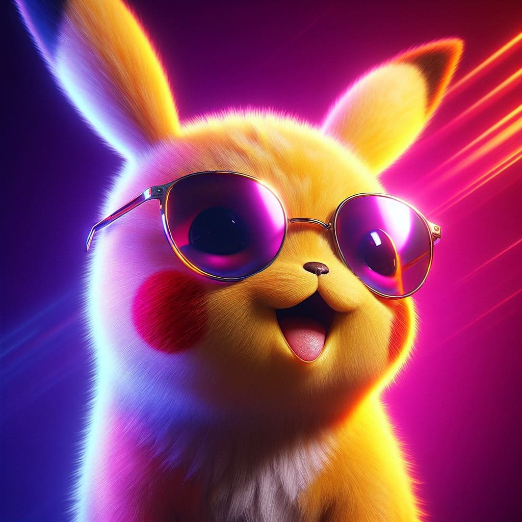 AI generated: Ultra realistic full portrait of an adorable pikachu, wearing a sunglass, photorealistic, neon backg...