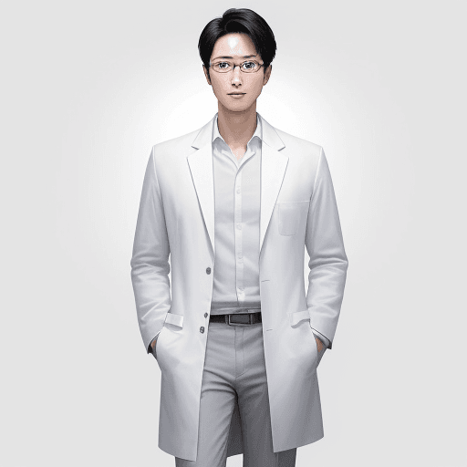 AI generated: confident and handsome South Korean male researcher wearing a white lab coat, a white shirt,  (full ...