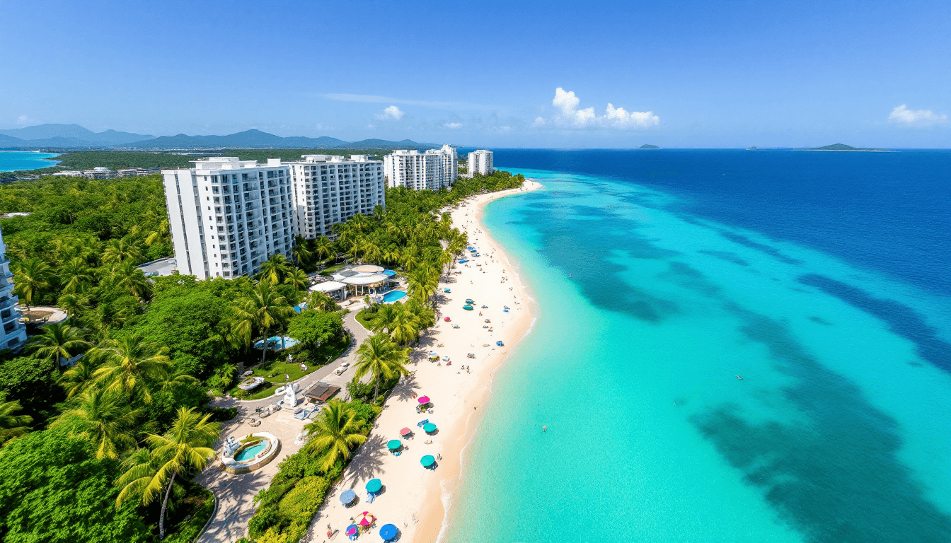 AI generated: An aerial view of a tropical seaside promenade with bright white apartment buildings surrounded by l...