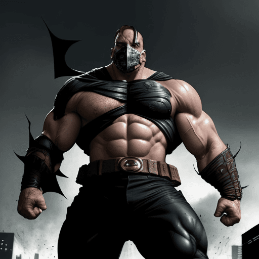AI generated: Imagine Bane, with his strong muscles and towering height, battling Batman in a manga style. Bane, i...
