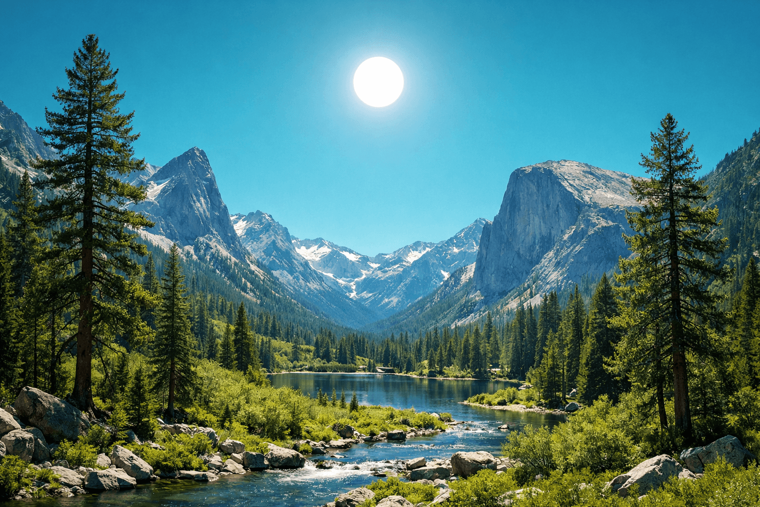 AI generated: a scenic landscape with tall mountains and trees but the sky has a more teal color  with no clouds a...