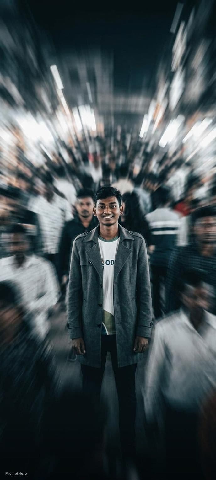 AI generated: Photography of a man standing frozen in time amidst a rushing crowd. High-speed zoom blur effect. Th...