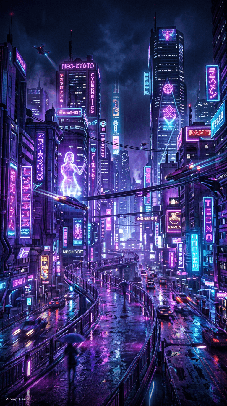 AI generated: neon cyberpunk city at night, rain reflections, purple and blue lights, futuristic