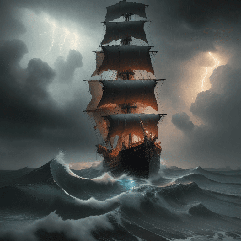 AI generated: oil painting with heavy impasto of a pirate ship, waves, thunderstorm, rain, cosmic horror painting,...