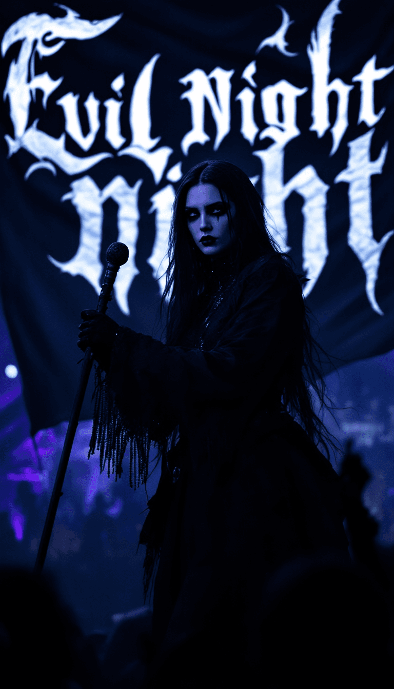 AI generated: A female black metal solist character company logo,a dark concert scene environment, gothic make up,...