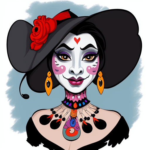 AI generated: a painting of an elephant with make up of Catrina, in the style of disney animation, character caric...