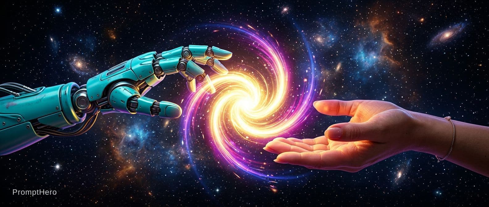 AI generated: 2 Hands. Hand 1: Robot hand, colour turquois metal, relaxed open, relaxed wrist, palm downward. Hand...