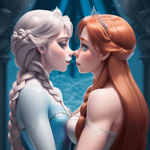 AI generated: Queen Elsa and Princess Anna kissing, lustful expressions, Disney, detailed faces, muscular body, fu...