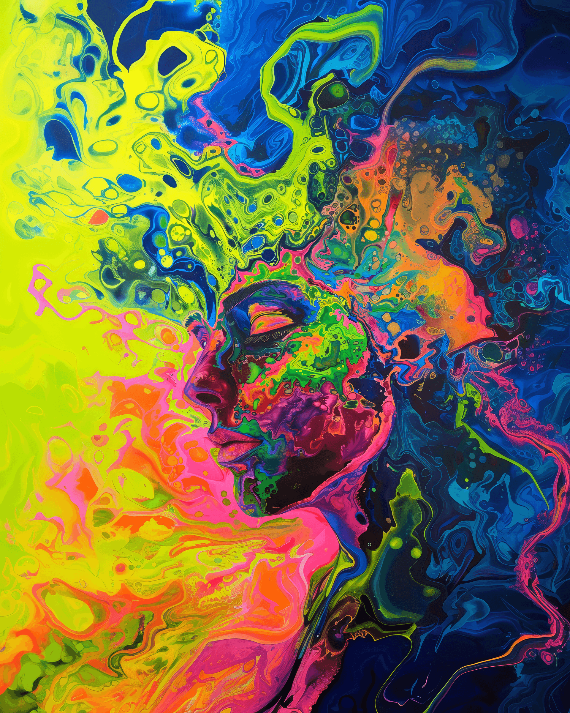 AI generated: psychedelic liquid painting, neon woman colors, green, blue cobalt, ruby red, orange, yellow, pink, ...