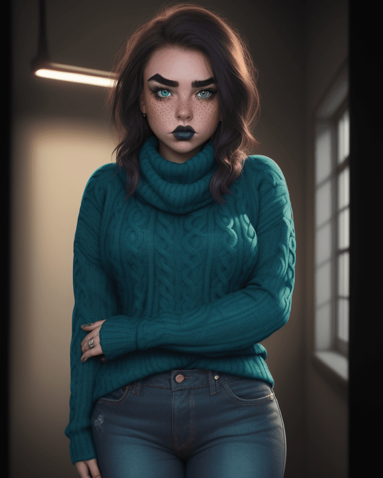 AI generated: a young female, pouting, freckles, thick eyebrows, dark lipstick, teal cowl sweater, jeans, hipster ...