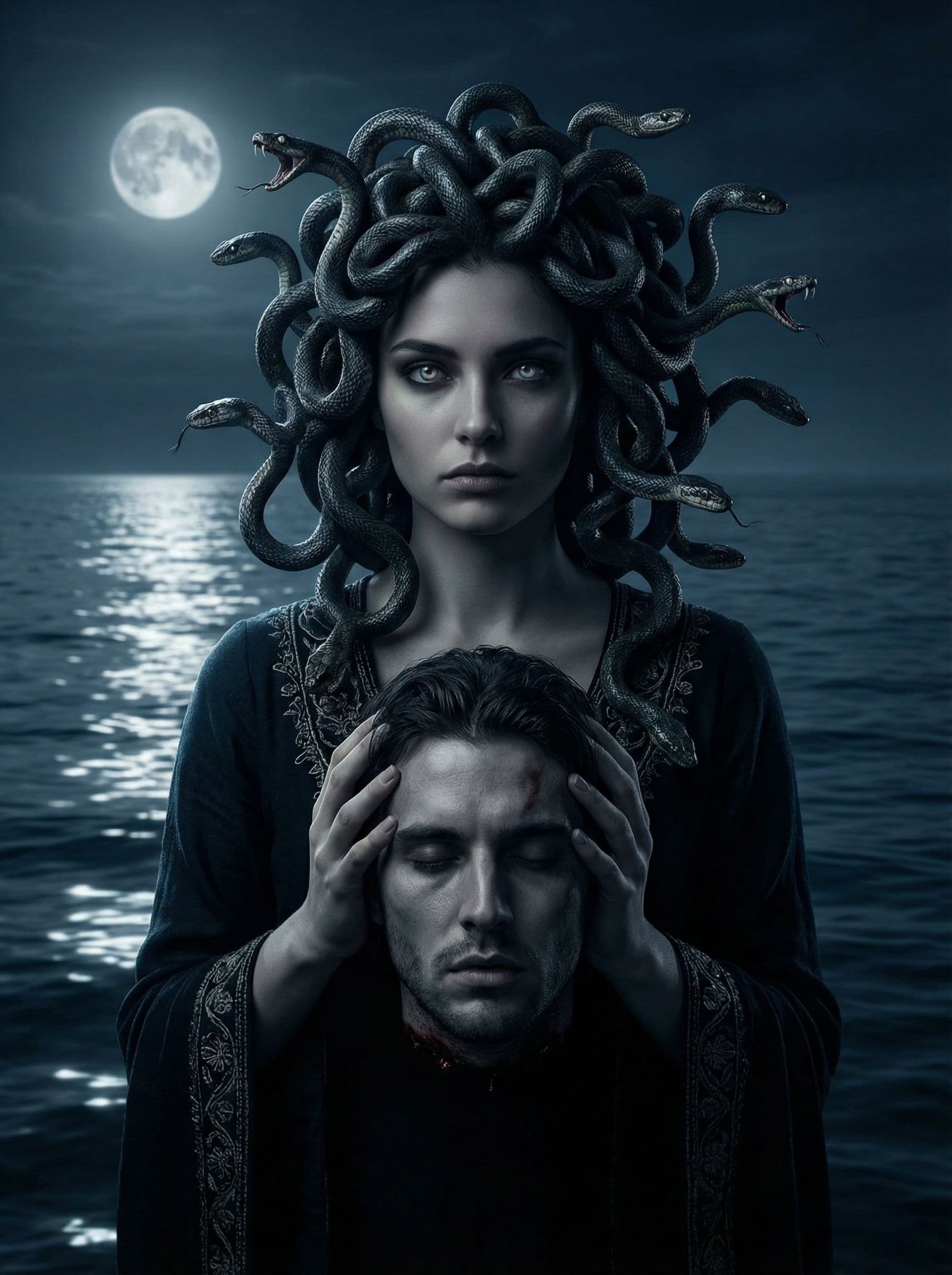 AI generated: Create the Bond movie poster "Medusa Gorgon" using the attached photos.

 Image description:

- Cent...