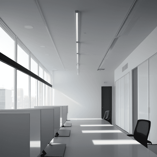 AI generated: Front view, office, minimalist, contemporary style, high gloss, cool-toned lighting, bright afternoo...