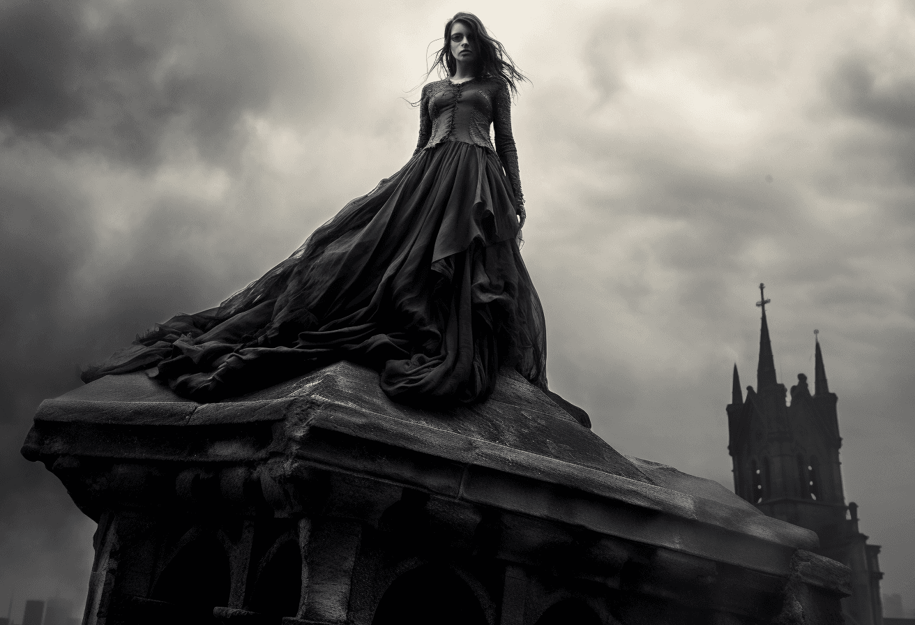 AI generated: a woman is standing atop a building, in the style of dark and brooding designer, mark seliger, angel...