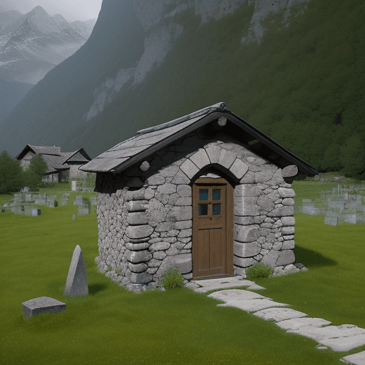 AI generated: a stone hut, without windows, with a wooden roof in a meadow in the center of a village of stone hut...
