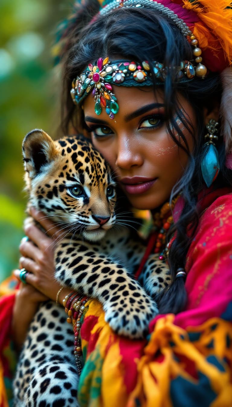 AI generated: a native american indian, with very
colorful clothes and (Sex) a sensual and wild woman 4k.
holding ...