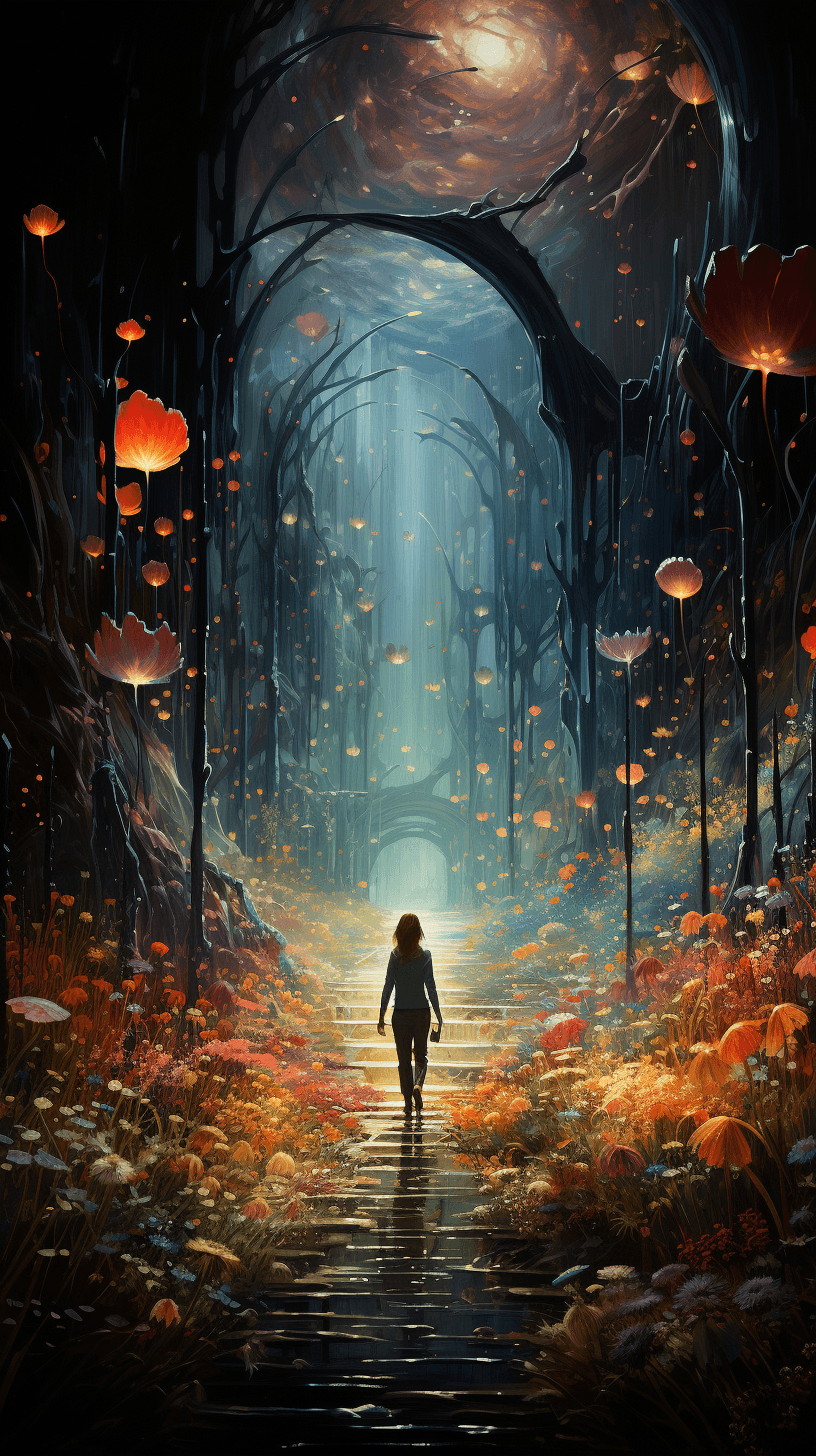 AI generated: Surreal pathway to heaven, illustration, flowers --ar 9:16