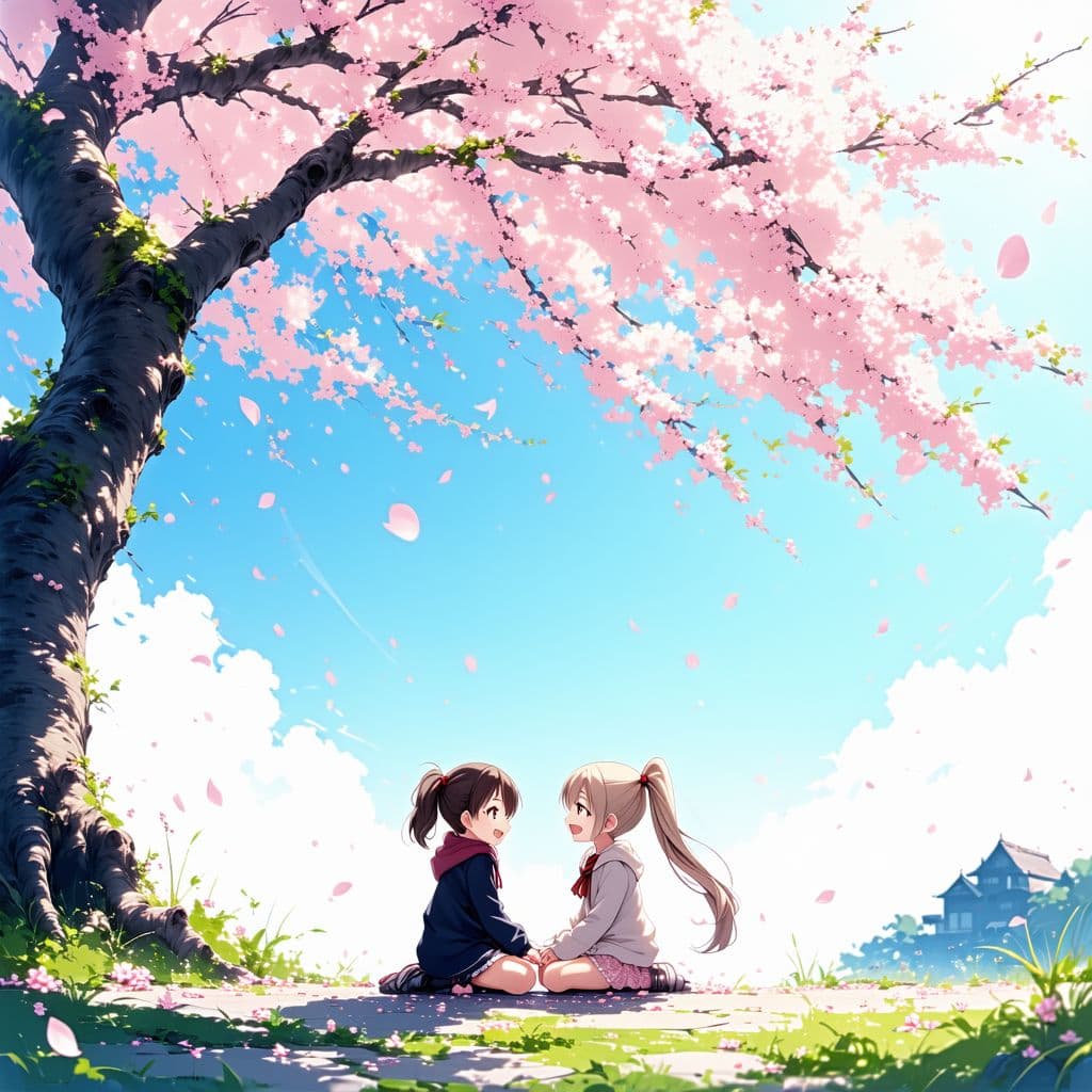 AI generated: 2girls sitting under the sakura tree, looking at another, hair difference, brown short side tail, bl...
