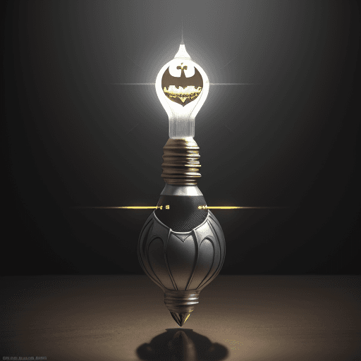 AI generated: Bulb on the table with the design and character of Batman The bulb is gold and Grey dark, no waterma...