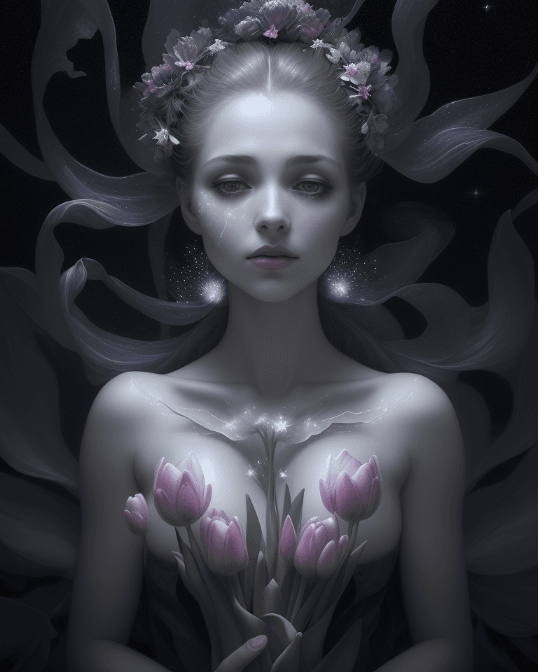 AI generated: soft woman with tulips opening in her hair, galaxy smoke fractals, elegant botany, dynamic movement,...
