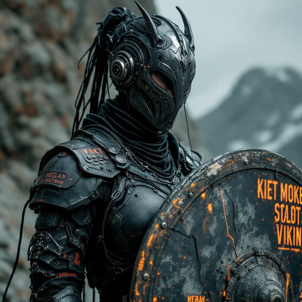 AI generated: 3d render, a women wearing Norwegian warrior heart High-tech yet damaged samura armor, cybernetic, w...