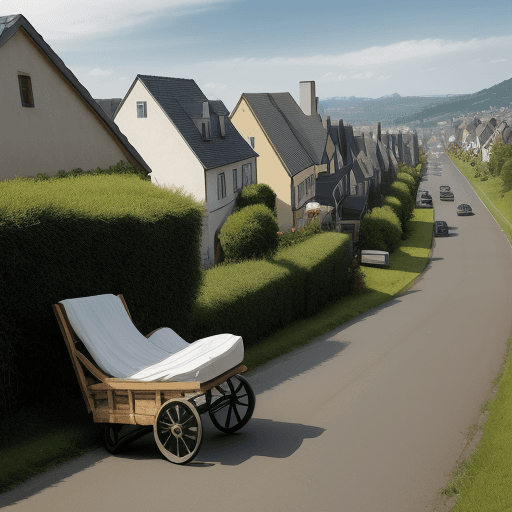 AI generated: A slepping bed with wheels rolling down a hill on a street lined with houses at golfen hour