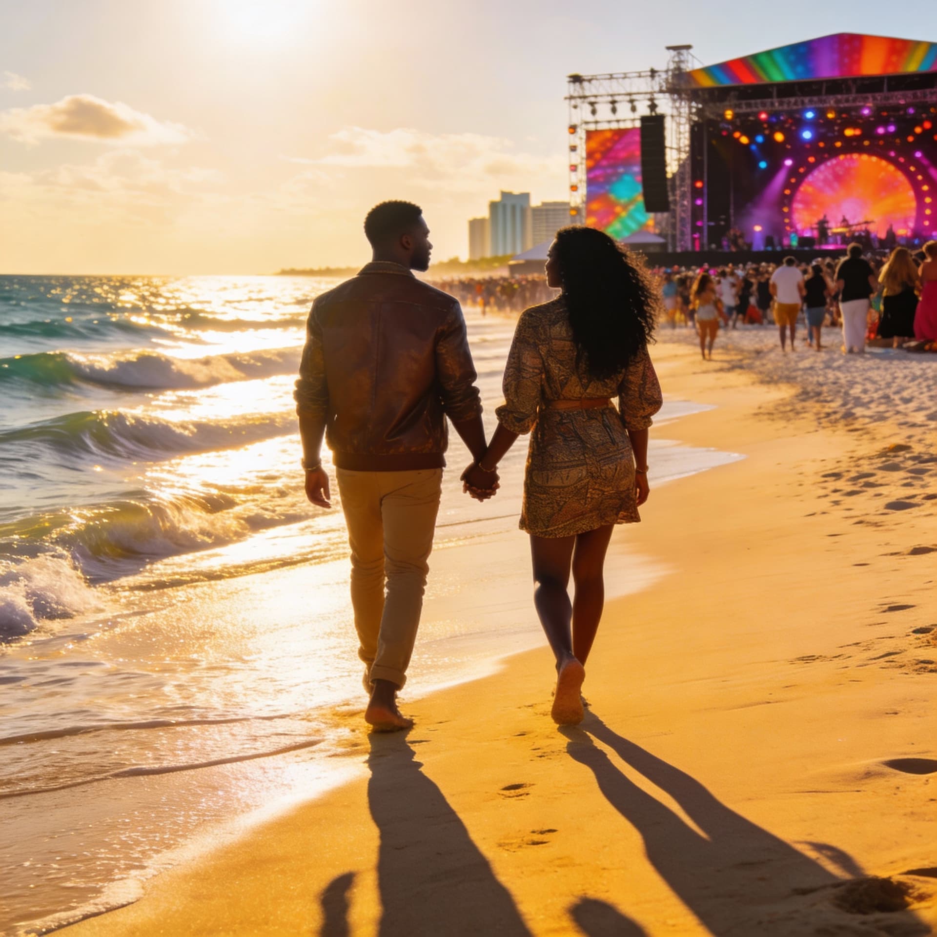 AI generated: A stylish Black couple rendered in a ultra realistic style walks hand-in-hand toward a vibrant rave ...