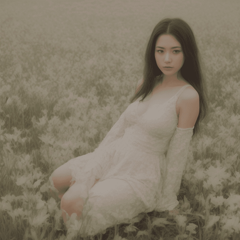 AI generated: A beautiful alluring Japanese woman, with large chest, sits in a serene field of lilies, facing the ...
