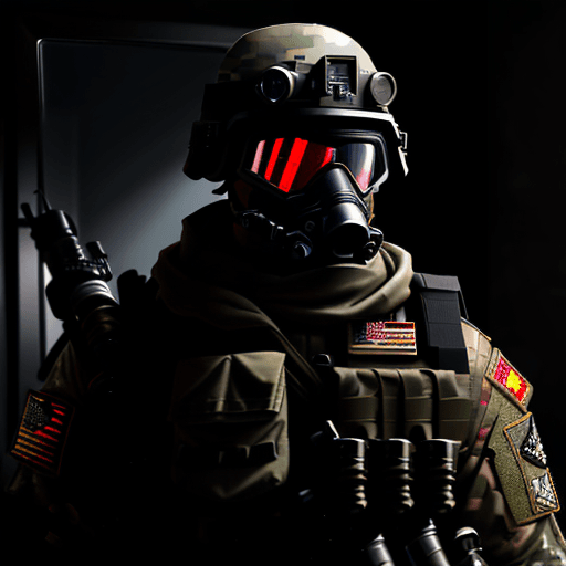 AI generated: male wolf soldier, wearing spec ops loadout and red NVG scopes on face, black military helmet, black...