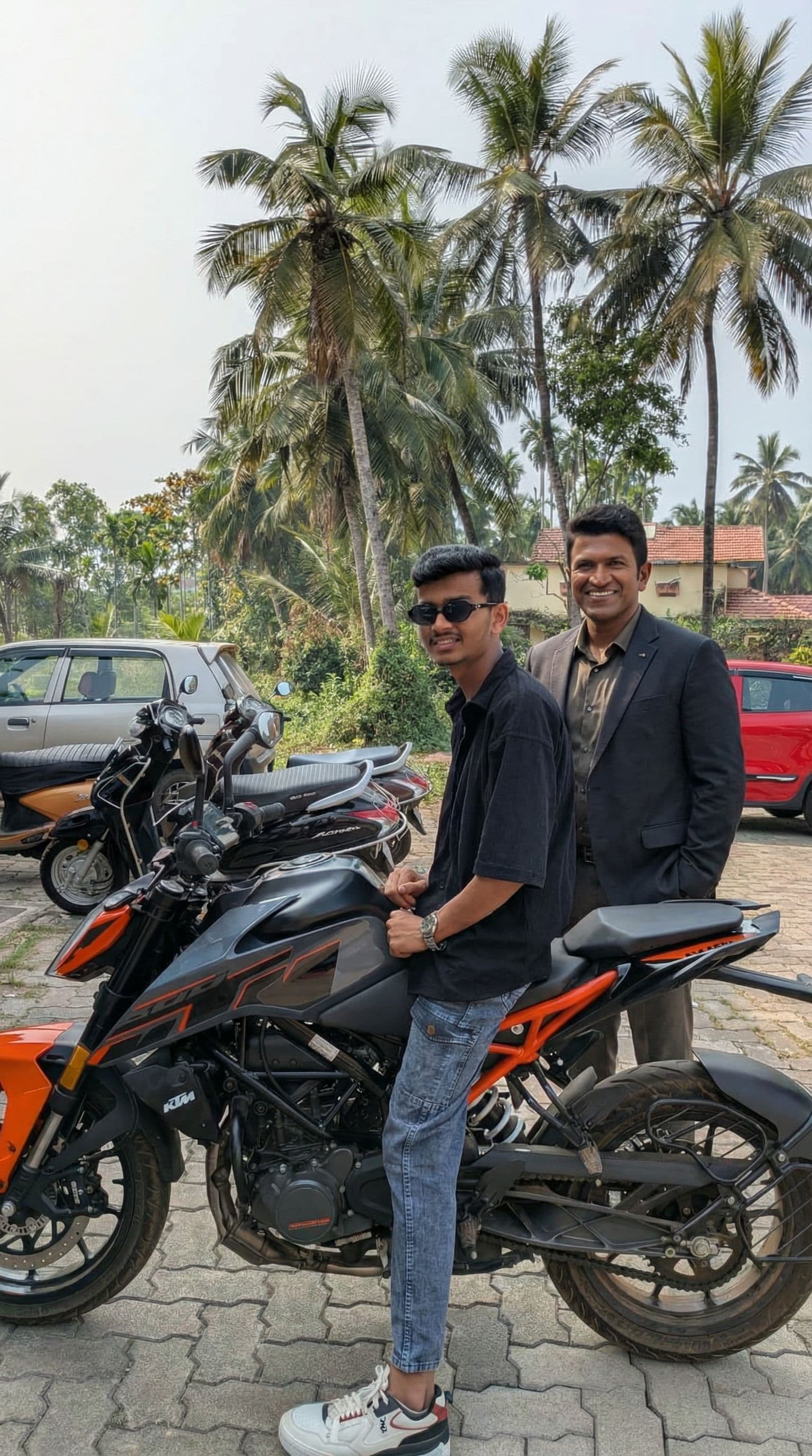 AI generated: Add power stat puneeth Rajkumar image next to me in coat and posing for picture 