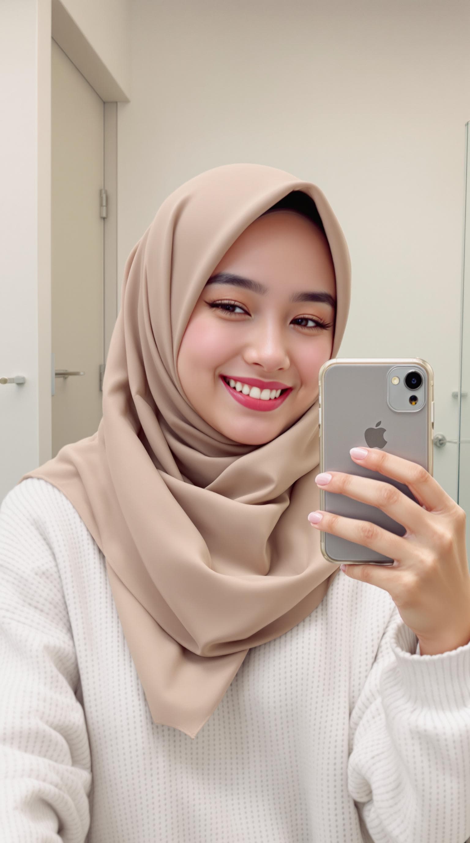 AI generated: A young woman, anime style, wearing a hijab smiles, mirror selfie. She is wearing a white sweater an...