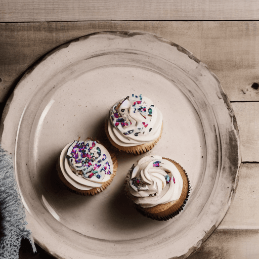 AI generated: yummy photo of a delicious frosted cupcake on a plate on the table of a rustic farmhouse in cornwall...