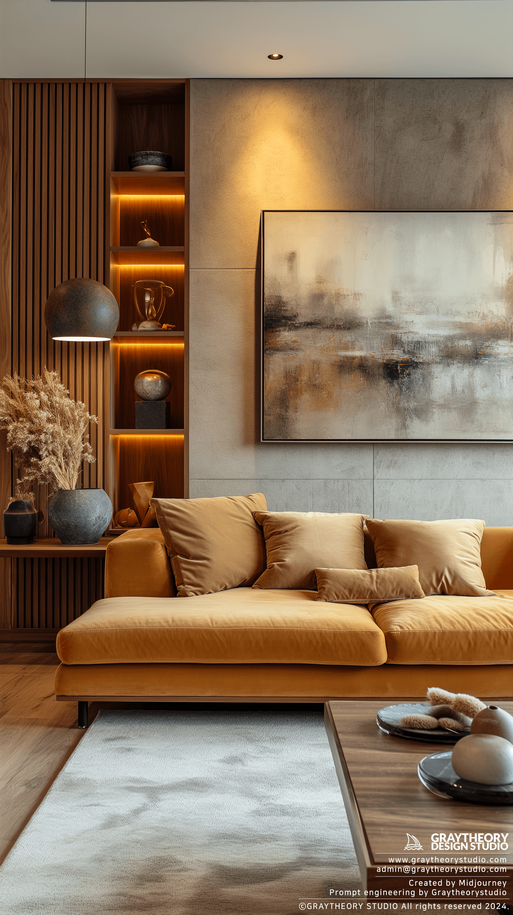 AI generated: Photograph, living room, integration of oak flooring and rug features, abstract art canvas, creating...