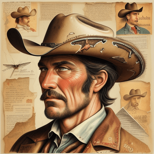 AI generated: Very finely detailed 2-dimensional papar collage, featuring the face of a weatherworm western cowboy...