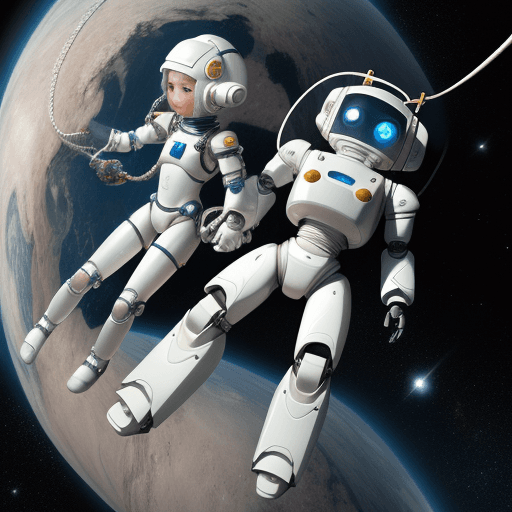 AI generated: a girl with white armor 
floating in space and her small robot friend with a rope connecting each ot...