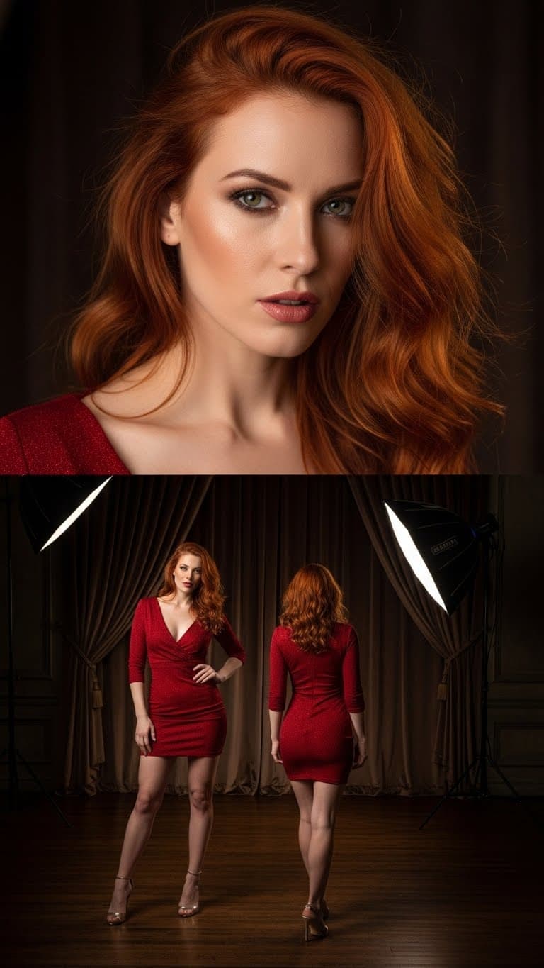 AI generated: Redhead woman poses for a photo-shoot wearing a short red dress that is skin tight