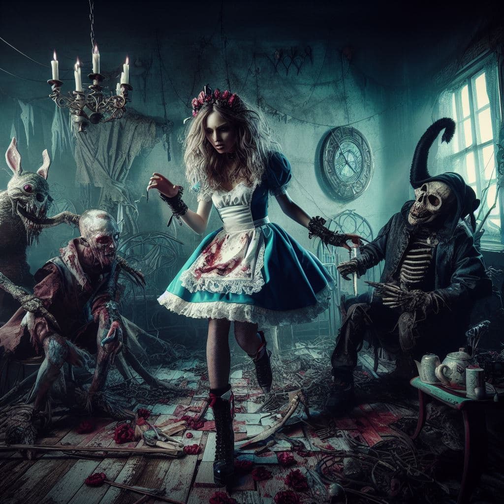 AI generated: heavy nightmare Version of alice in Wonderland, photorealism, fantasy, dynamic lighting, very high d...