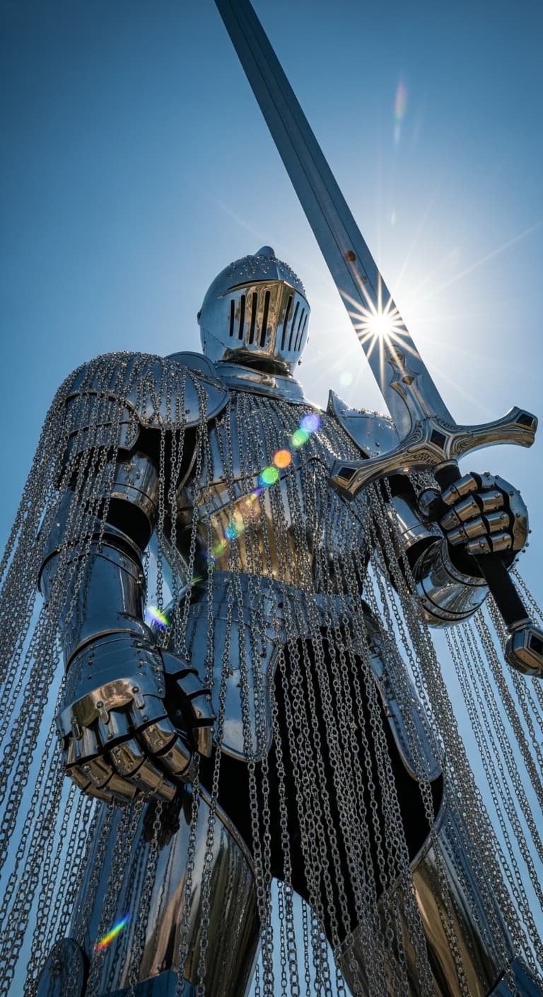 AI generated: "A towering chrome knight viewed from worm’s-eye perspective glitters beneath noon skies. Thousands ...