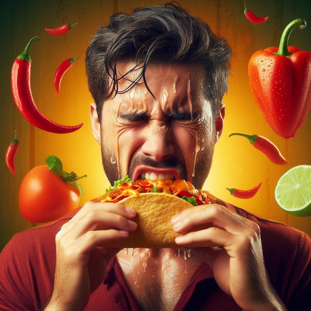 AI generated: A man chewing on a very spicy, hot and big taco with a extremely high Scoville count, it makes him s...
